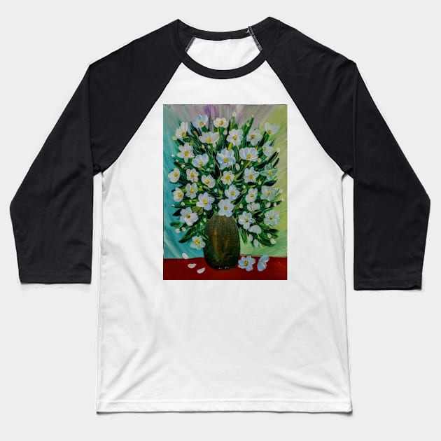 Some white and blue daisy In a gold and turquoise vase . Baseball T-Shirt by kkartwork